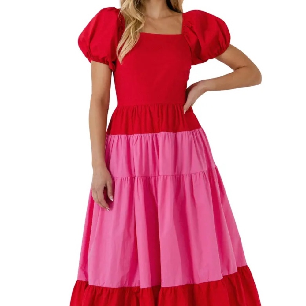 English Factory Red/Pink Color Block Dress